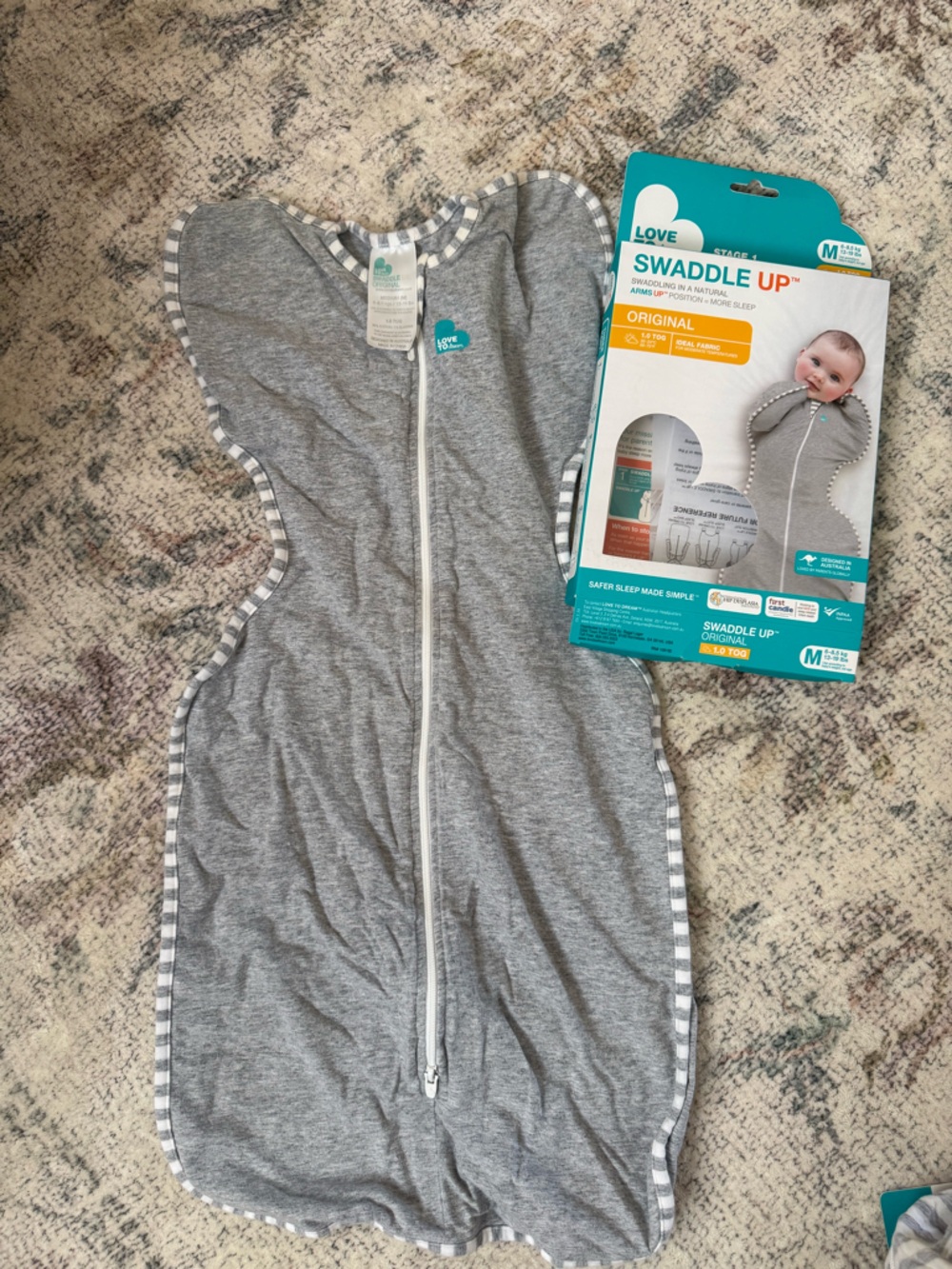 Love to dream Gray and White Baby Swaddle with Teal Logo
